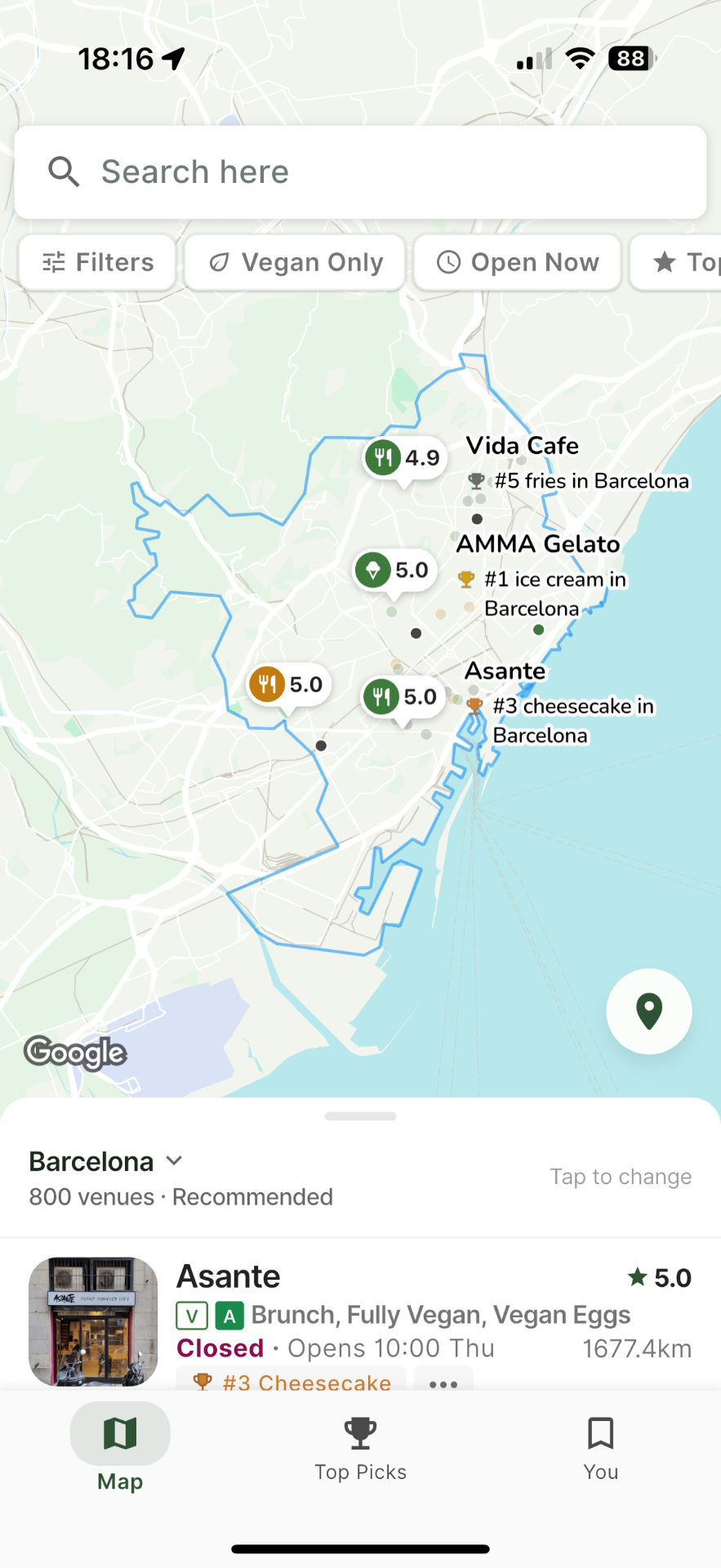 Barcelona map with ratings and dish rankings on pins