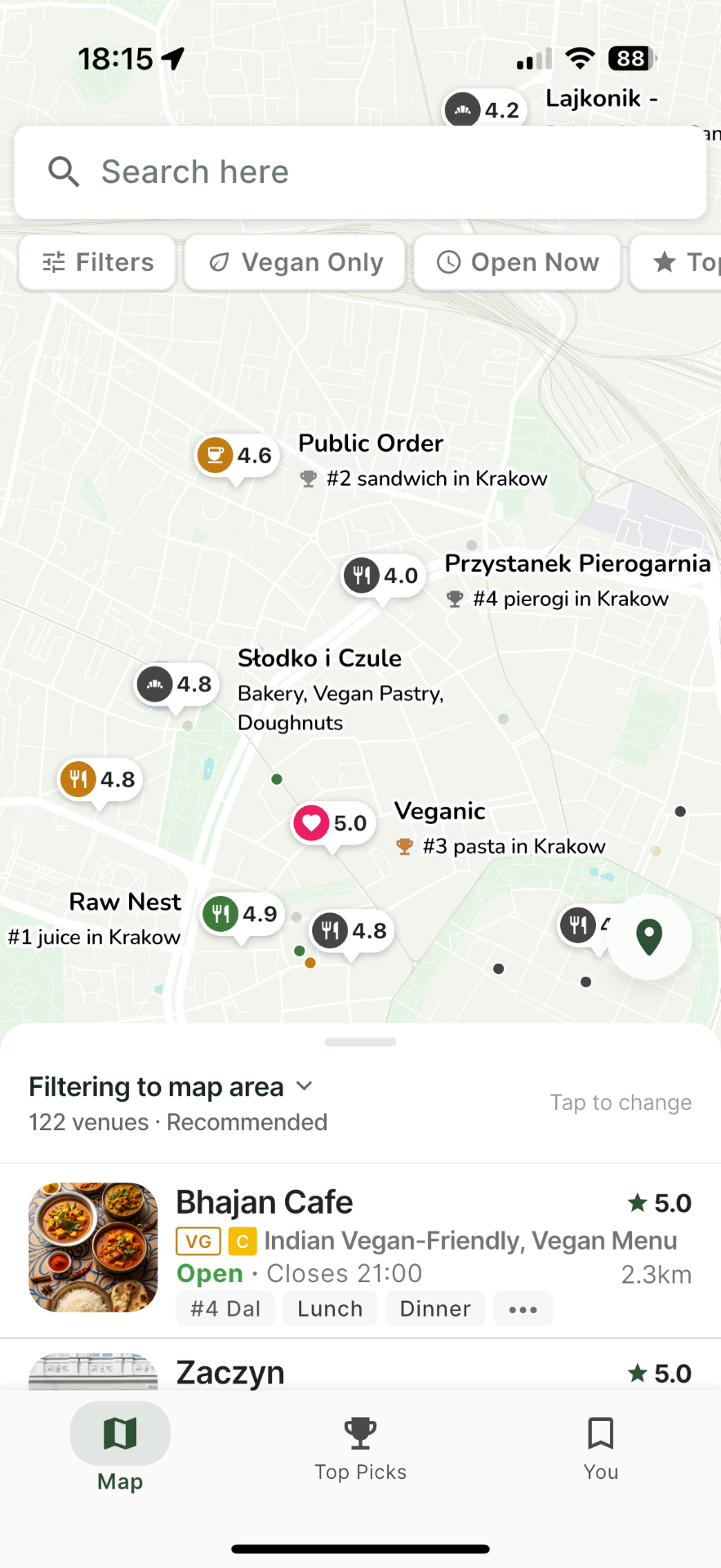 Spinach app showing vegan restaurants in Kraków