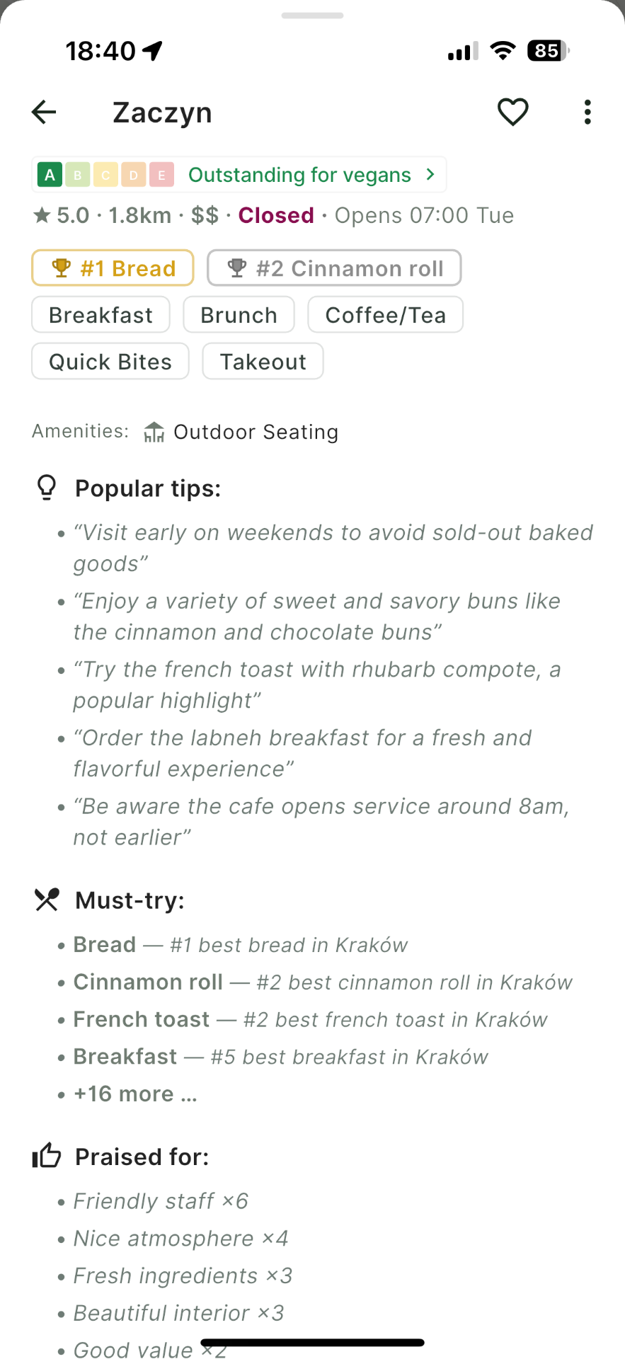 Zaczyn venue details with rating, rankings, and tips